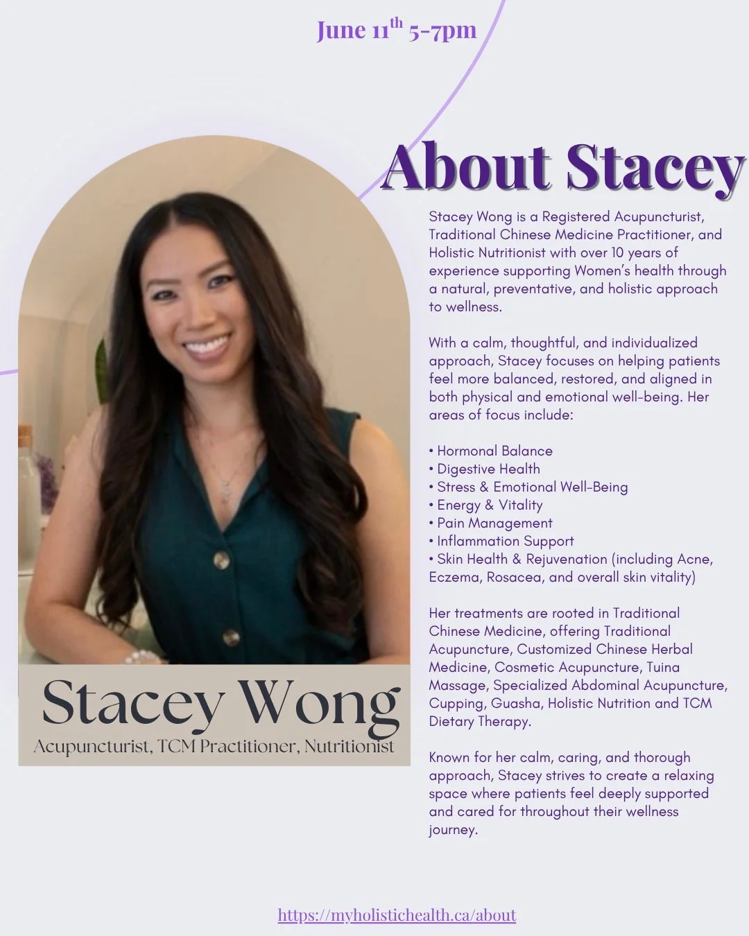 ✨ Vendor Spotlight: Stacey Wong ✨

We're delighted to welcome back Stacey Wong to our 15th Anniversary Celebration on June 11th from 5&ndash;7 PM!

Stacey is a Registered Acupuncturist, Traditional Chinese Medicine Practitioner, and Holistic Nutritio