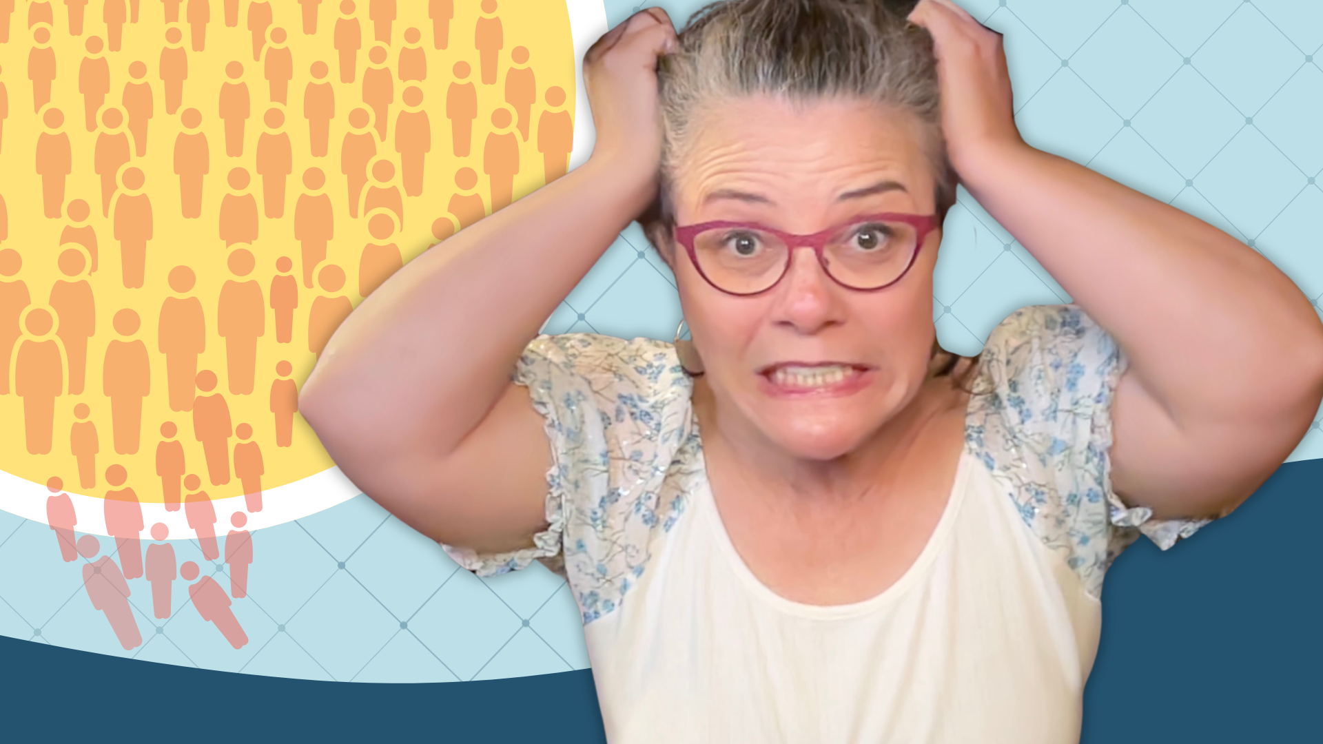 Academic coach grabbing her head in overwhelm, surrounded by a graphic crowd of figures, illustrating the question: is the executive function coaching market too crowded?