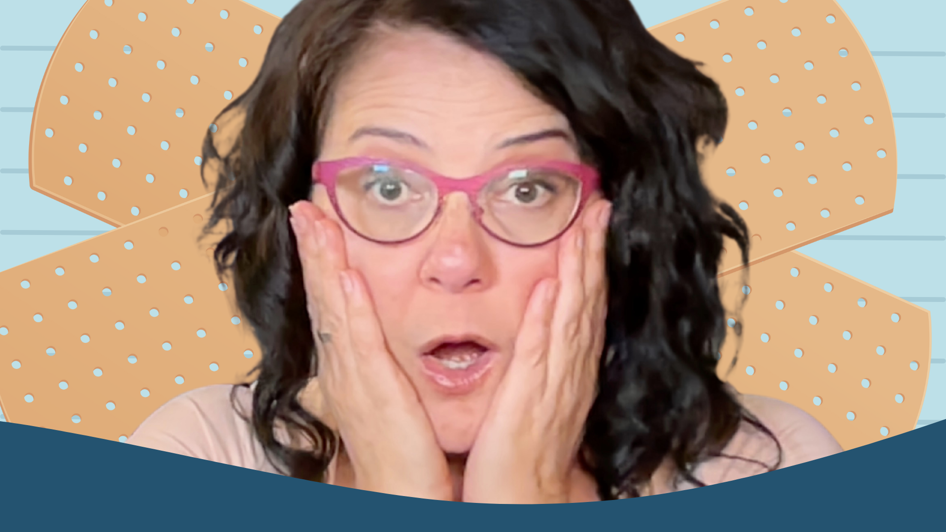 A wide-eyed woman with glasses holds her face in shock, surrounded by oversized bandage graphics — reacting to an unexpectedly struggling student who needs triage coaching support.