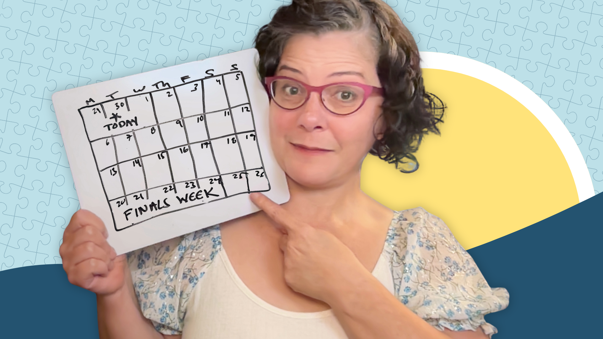 Academic coach holding a hand-drawn calendar marked "Finals Week," pointing to it with a smile — illustrating proactive finals prep for students with ADHD.