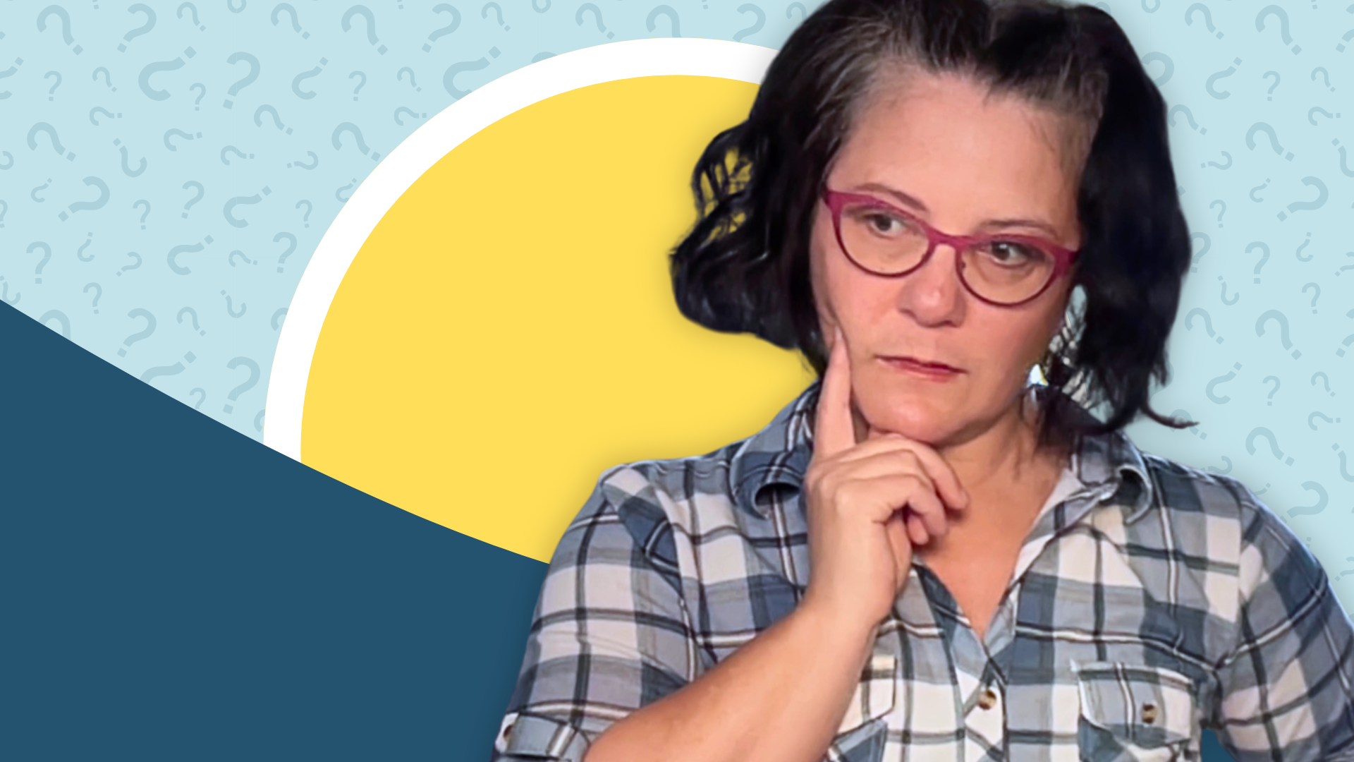 An academic coach holds her chin thoughtfully against a bright yellow circle backdrop scattered with question marks, representing the window of tolerance concept in academic coaching.