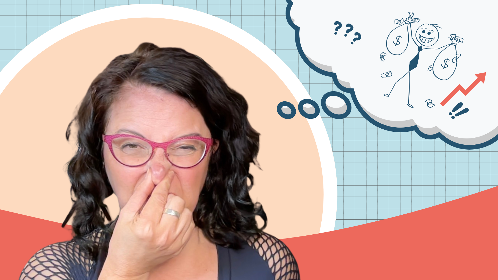 A woman is shown holding her nose with a disgusted look on her face. A speech bubble is overhead. Inside is a greedy cartoon businessman holding bags of money, surrounded by question marks and exclamation points.