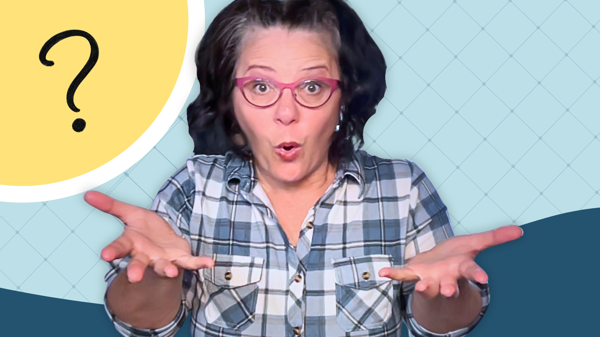 Academic coach looking surprised with hands raised beside a large question mark, illustrating questions about executive function and academic coaching.