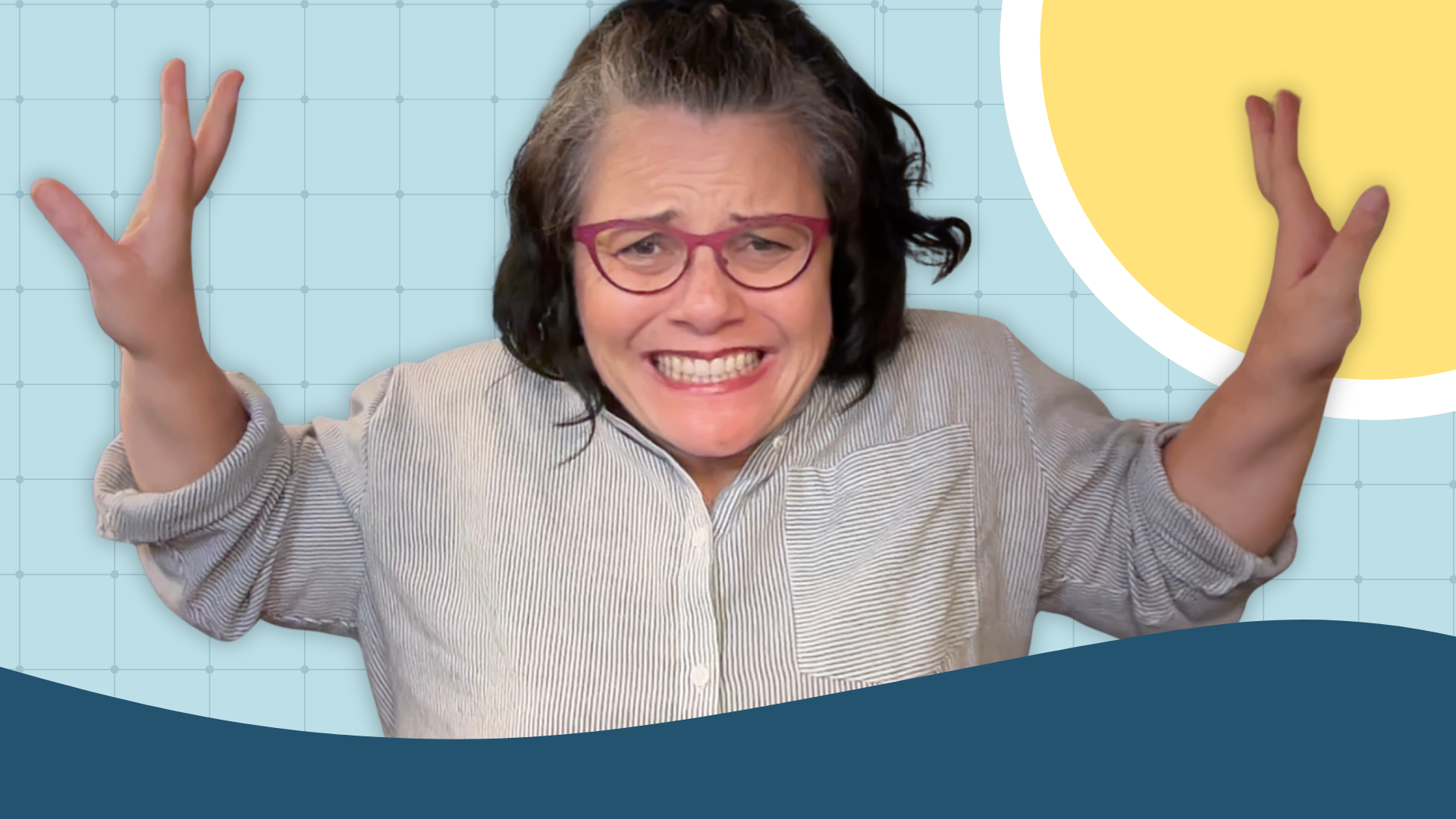 An academic coach throws her hands up with a grimace of exaggerated panic — capturing the finals season overwhelm that academic coaches and EF coaches help students navigate before it peaks.