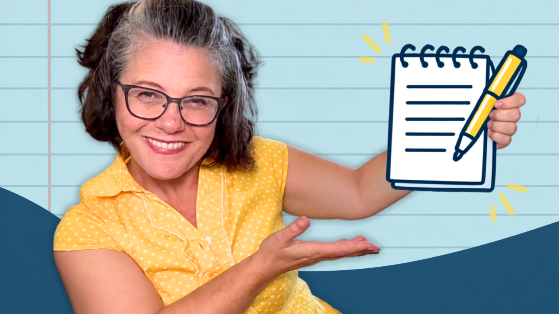 Academic coach Gretchen Wegner smiles and gestures toward an illustrated notepad and pen, representing note-taking strategies taught in the Anti-Boring Learning Lab for academic coaches