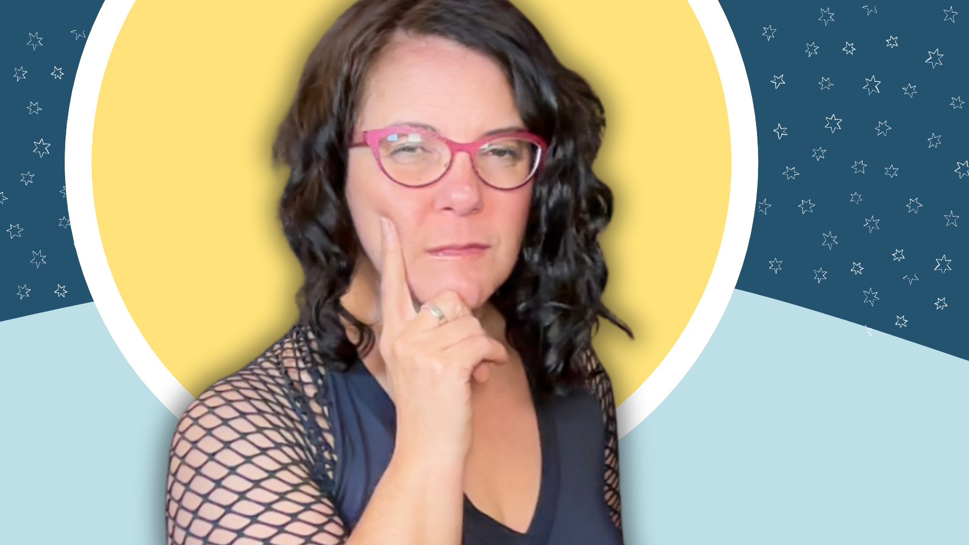 Education professional in thoughtful pose against bright yellow circle with star-decorated background, representing evidence-based professional development that applies cognitive science to teacher training