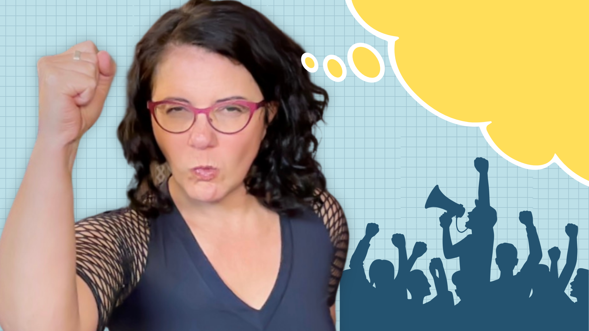 Education coach with raised fist against teal background with illustrated protest crowd silhouettes, representing student agency and anarchist calisthenics in executive function coaching