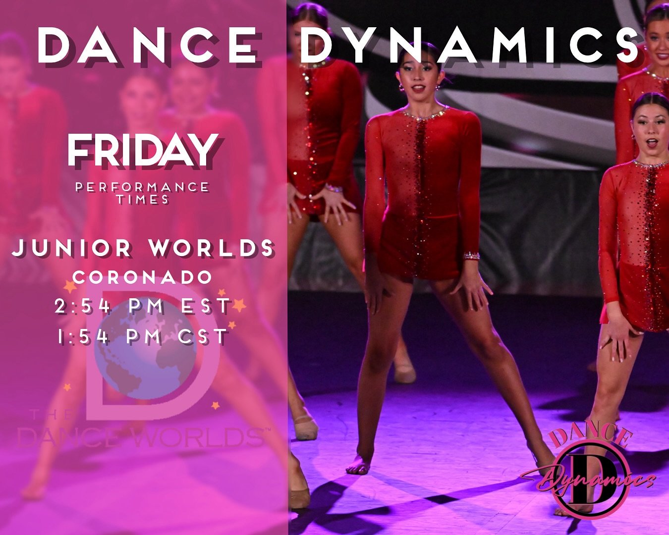 THE TIME IS NOW! Worlds begins today for our Junior Worlds team! Watch us live on Varsity Tv today. Check back to see our schedule throughout the event. #BETTERTOGETHER 

#dd4l #dancedynamics #worlds2024