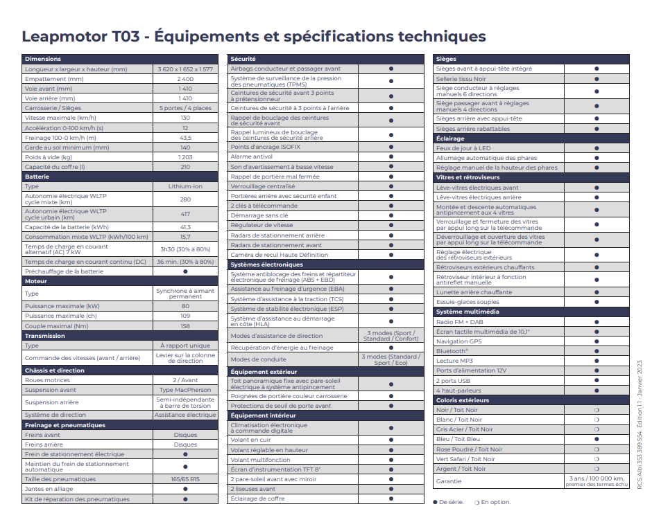 Equipements et spécifications techniques
