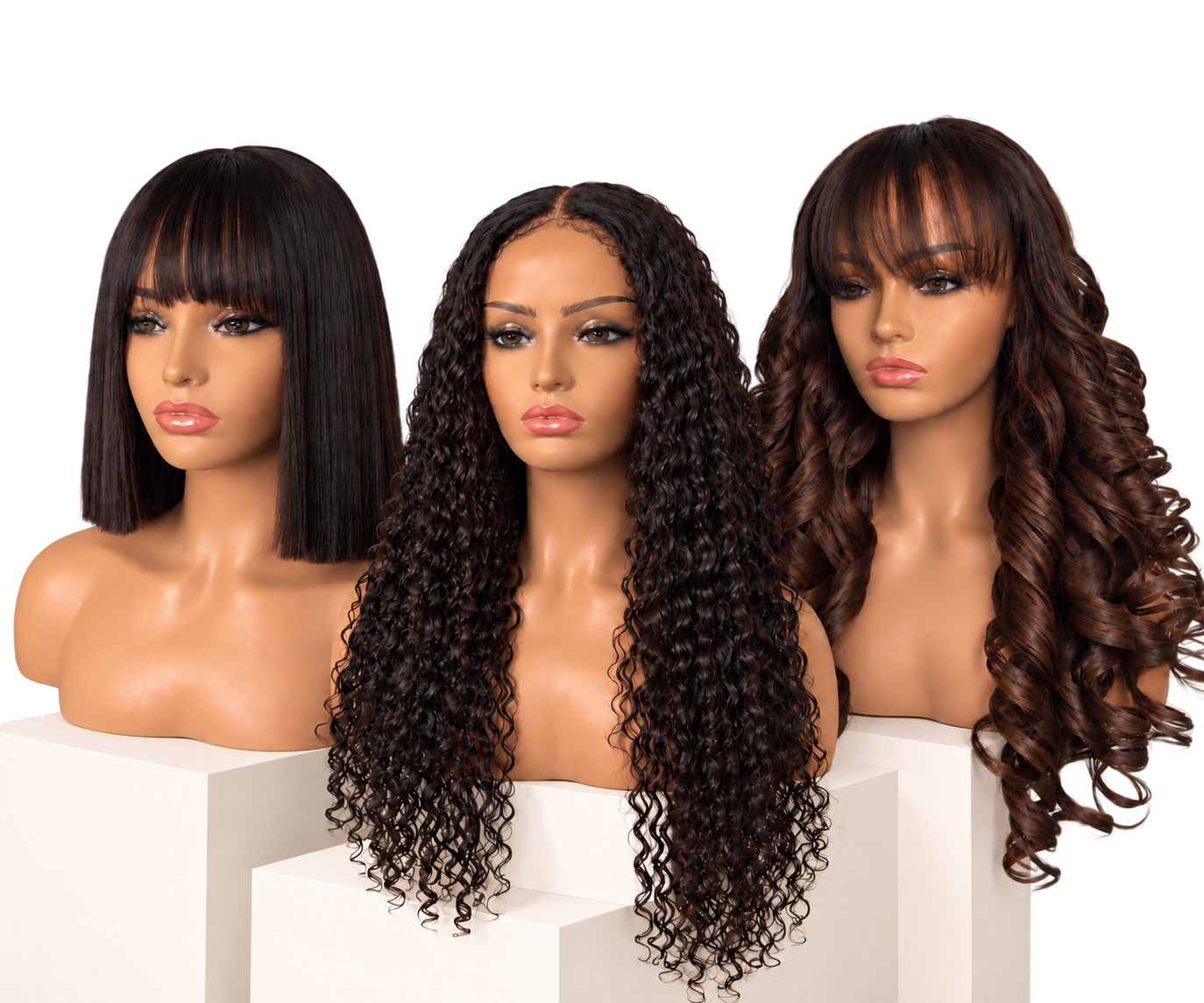 Three mannequin busts with different curly, straight, and wavy hairstyles displayed on white pedestals.