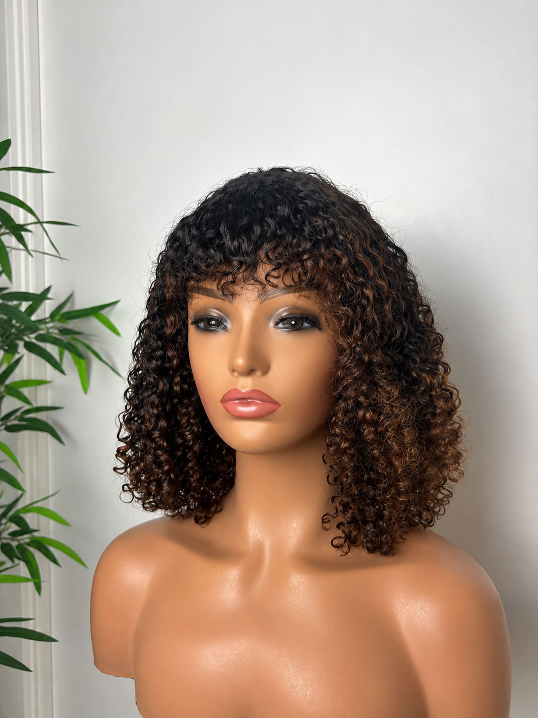 A mannequin with shoulder-length curly hair that is dark at the top and gradually lightens to brown at the tips, set against a plain light-colored wall with a green plant on the left.