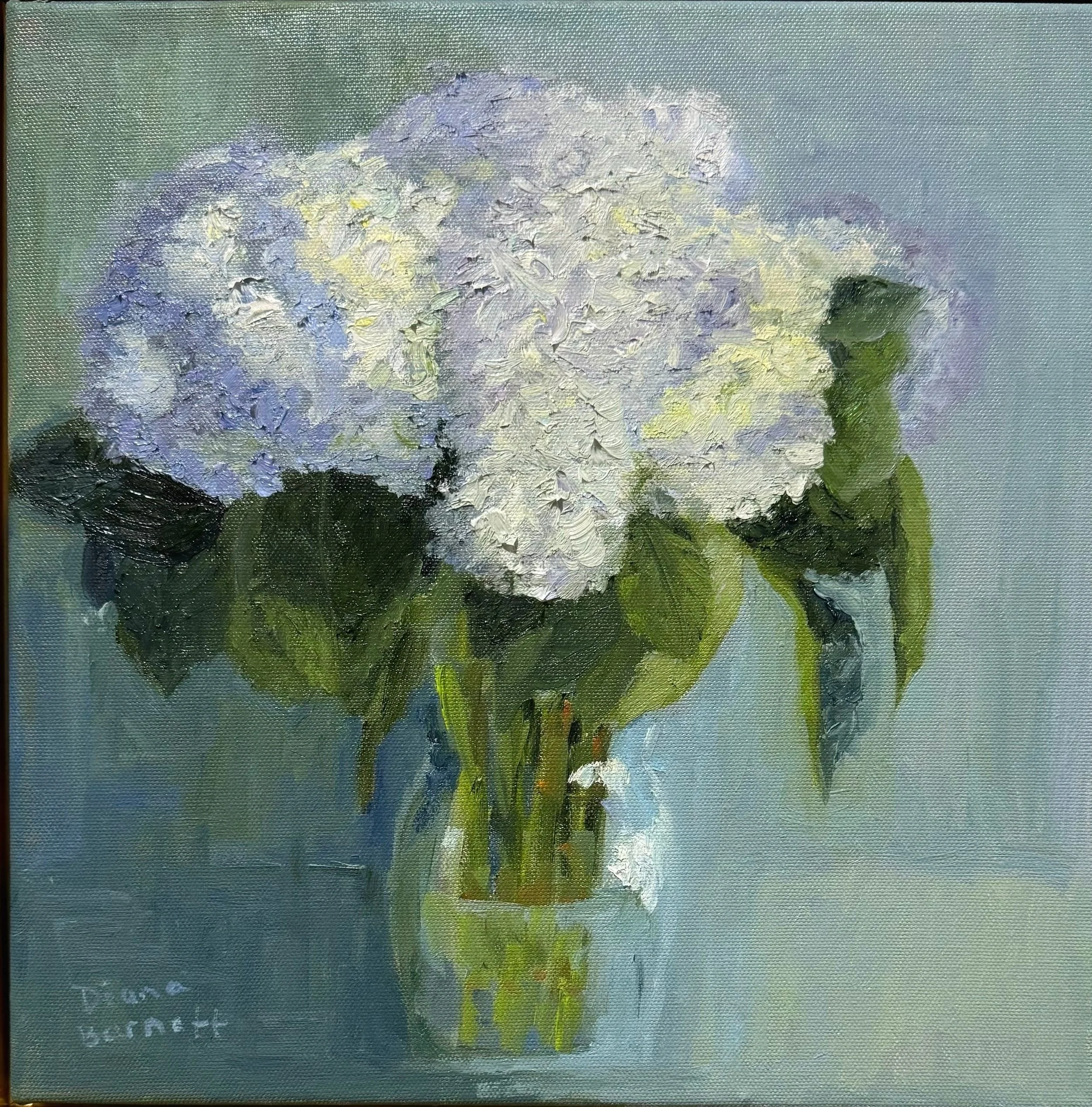 Sunlit Hydrangeas 12x12 on linen $360.00