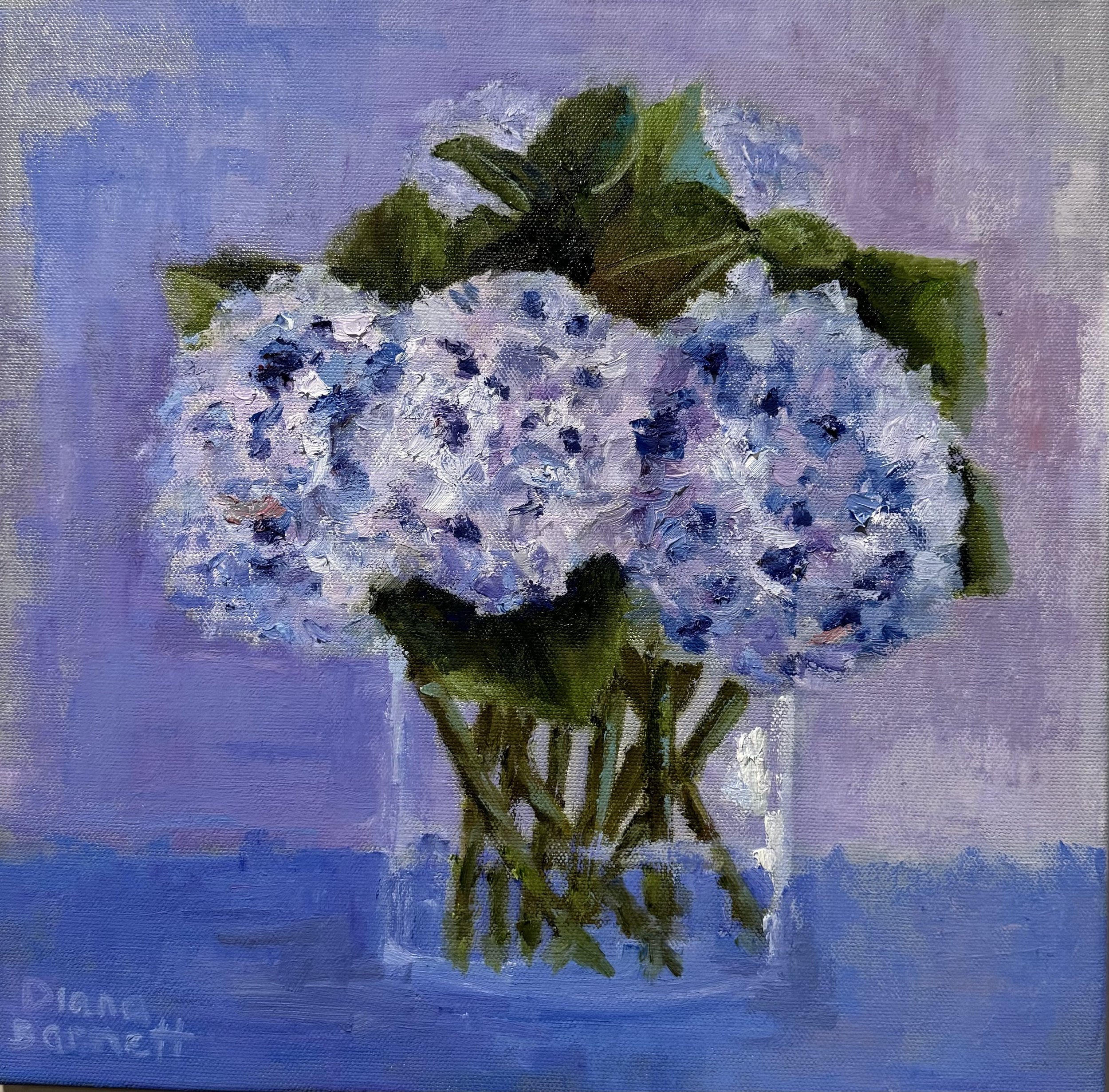 Purple and Blue Hydrangeas 12x12 oil on canvas $360