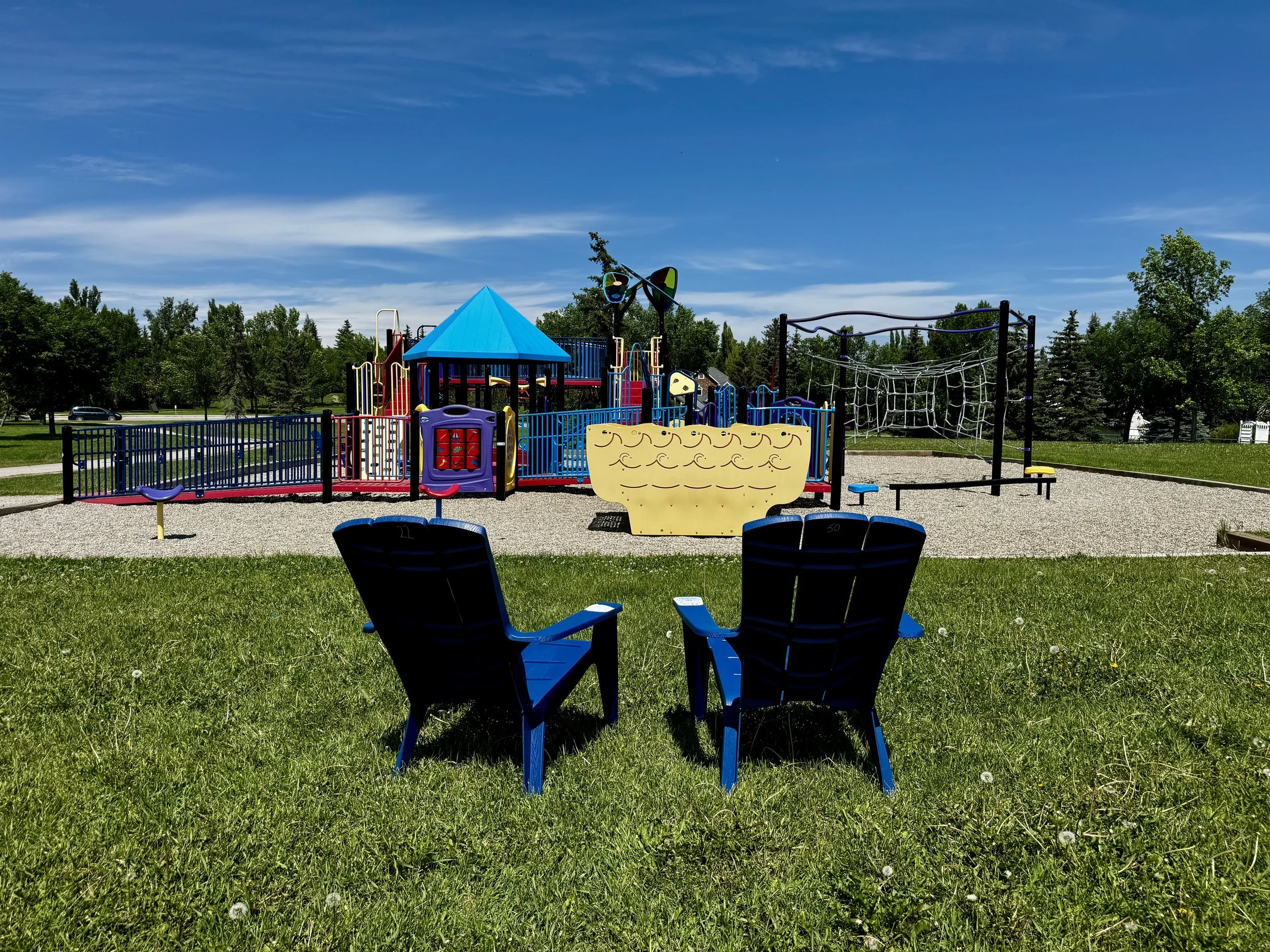 Colorful playground equipment with a blue roof, slides, climbing structures, and a rope web, surrounded by green grass, trees, and a clear blue sky.