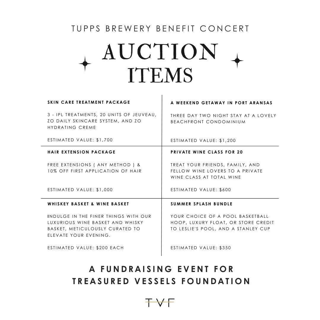 The silent auction for the Tupps Brewery Benefit Concert is now LIVE✨ 

Visit our event page and click on AUCTION at the top to start bidding. Your bids will directly benefit survivors of sex trafficking. Link in bio!

#TVF #SilentAuction #Charity #G