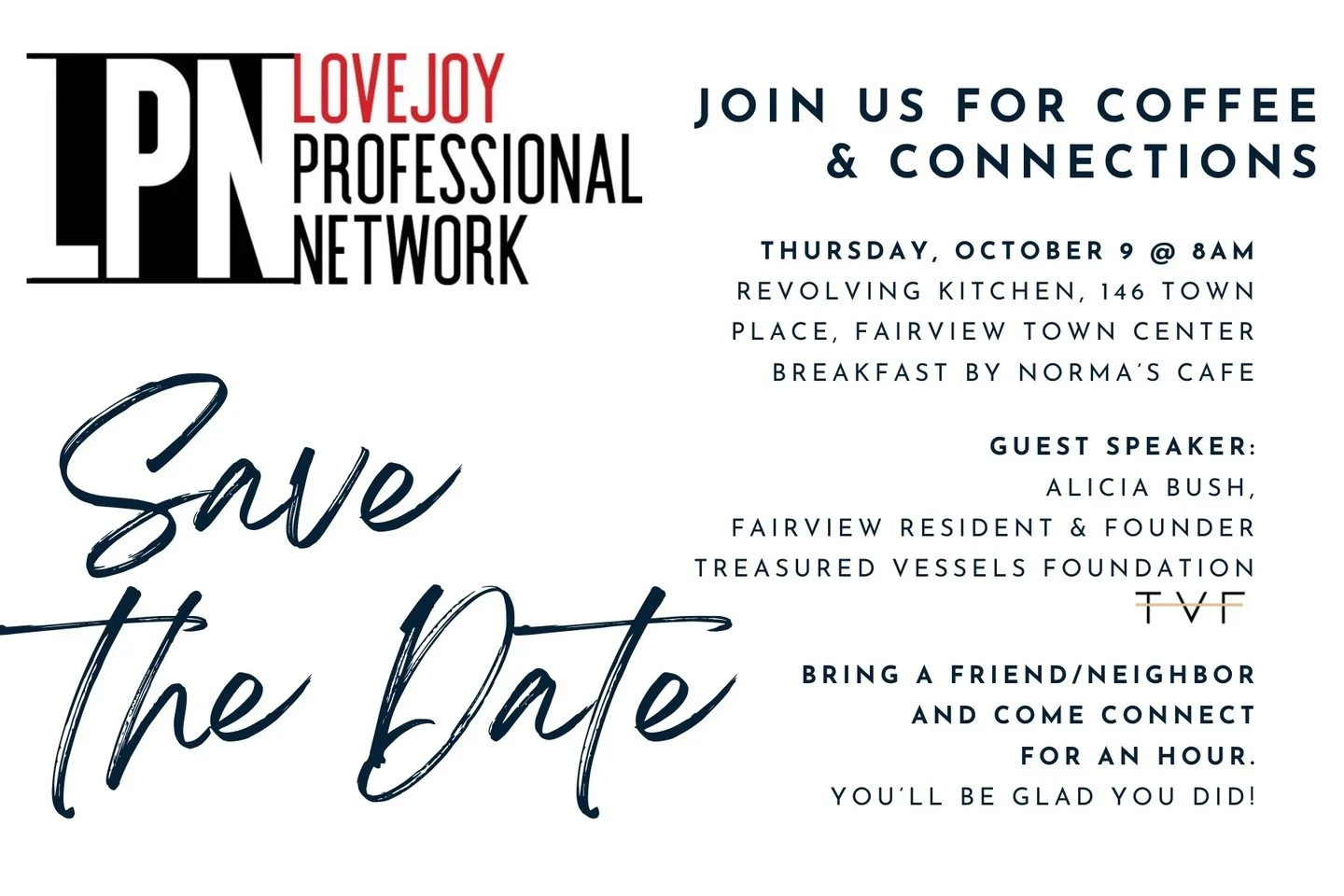 ✨ Exciting News! ✨
Tomorrow morning, our Founder, Alicia Bush, will be the guest speaker at the Lovejoy Professional Network coffee and connections event!

She&rsquo;ll be sharing the heart behind Treasured Vessels Foundation &mdash; our mission to p