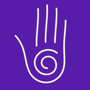 Purple background with a white stylized hand and spiral pattern.