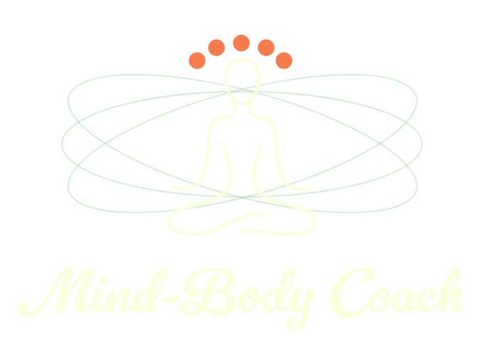 A line drawing of a person sitting cross-legged in a meditative pose surrounded by green energy lines and orange dots above the head, with the text 'Mind-Body Coach' below.