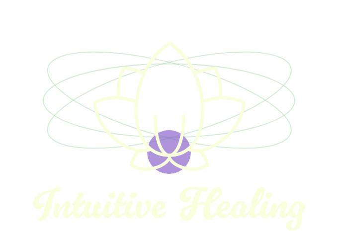 A stylized lotus flower logo with purple accents and green swirling lines, with the text 'Intuitive Healing' in cursive below, set against a black background.