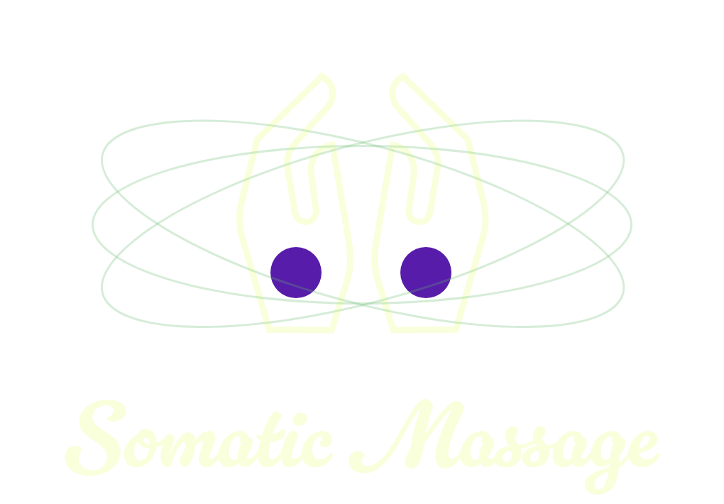 Neon sign with two hands and purple dots, and the text "Somatic Massage" below.