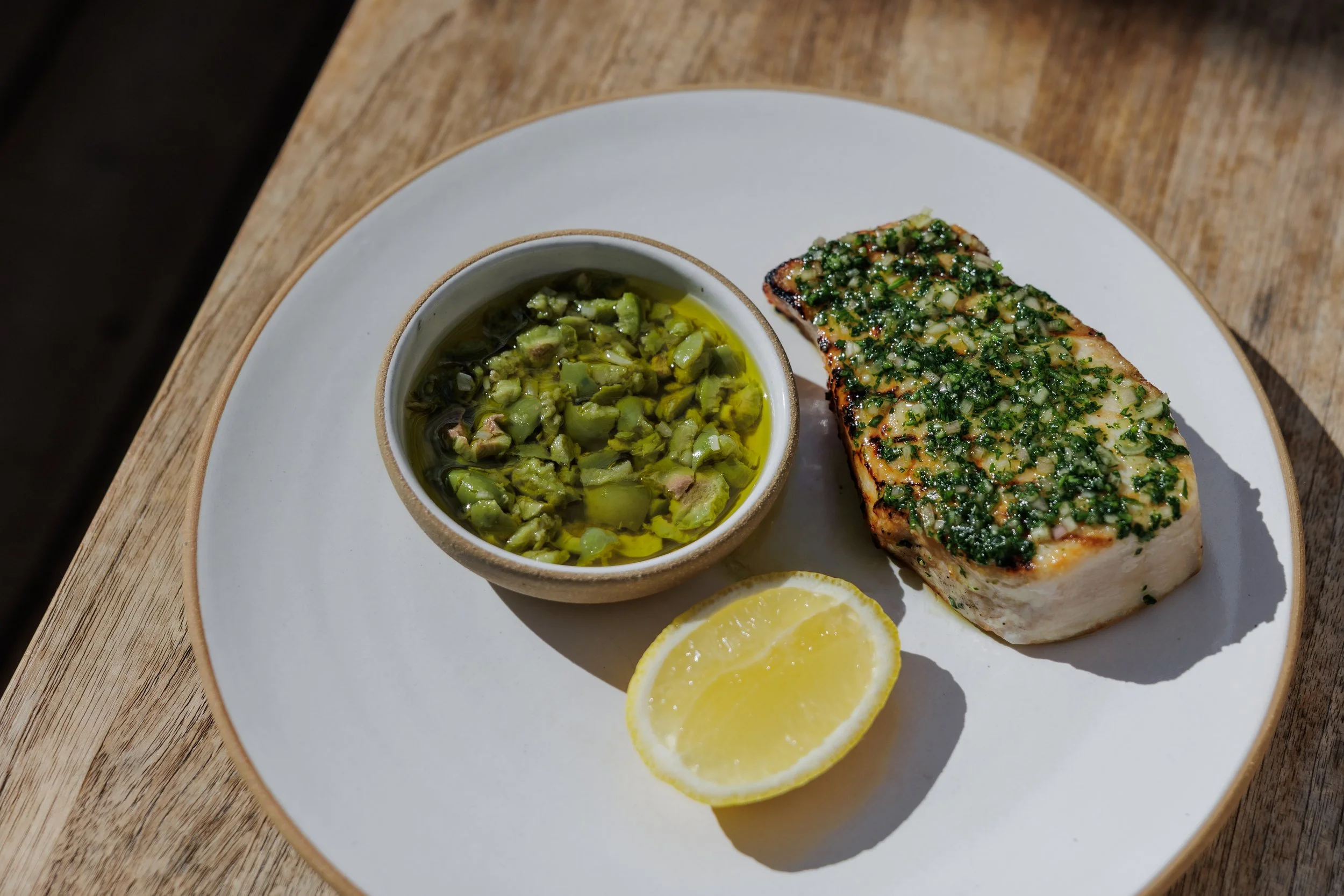 Pesce Spada (grilled swordfish) at Wildland Italian restaurant in Carlsbad, CA