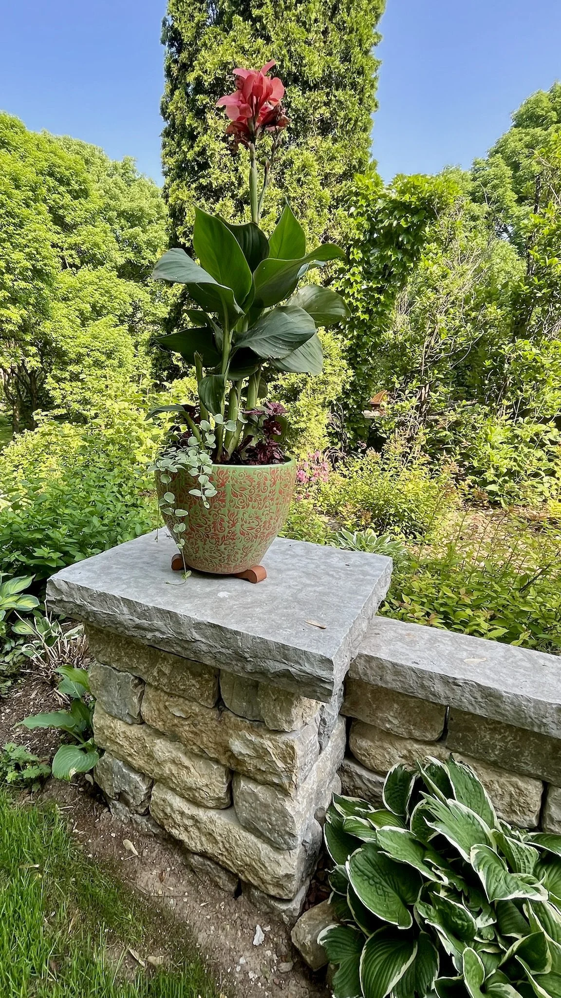 natural stone pillar and cap with planter