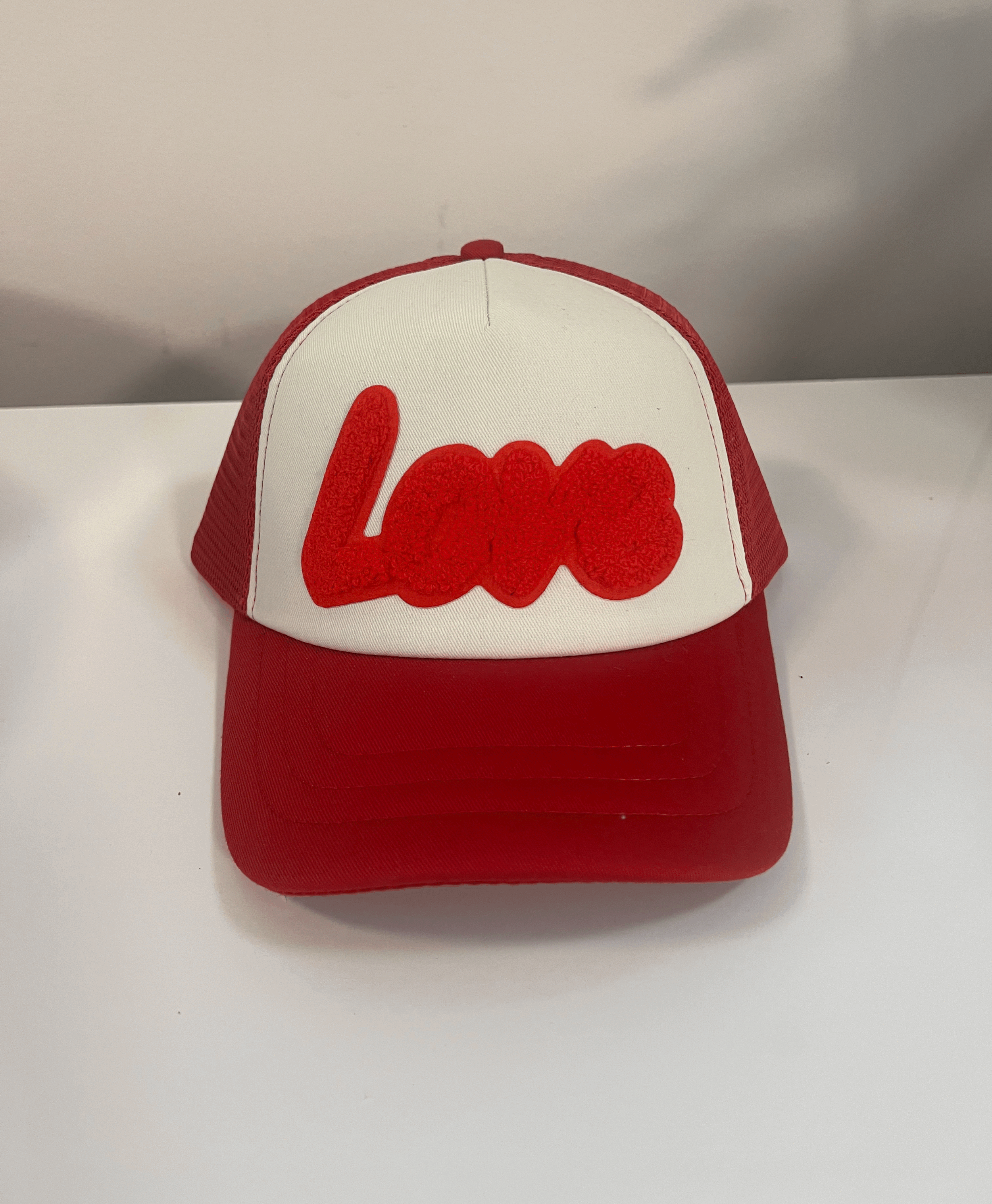 White and Red Chenille 'LOVE' Hat