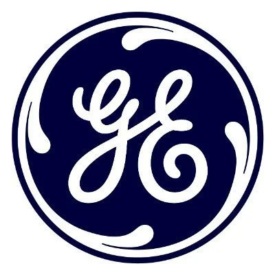 GE logo featuring white script letters "GE" in a navy blue circle with a swirling design.