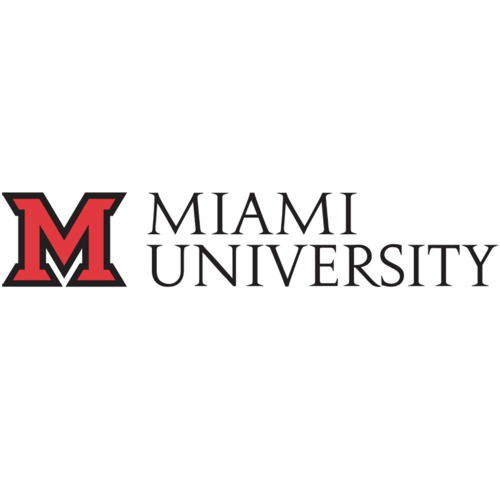 Miami University logo with large red letter 'M'."}