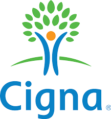Cigna logo featuring a stylized tree with green leaves and blue branches, and an orange circle representing a person, with the word 'Cigna' underneath