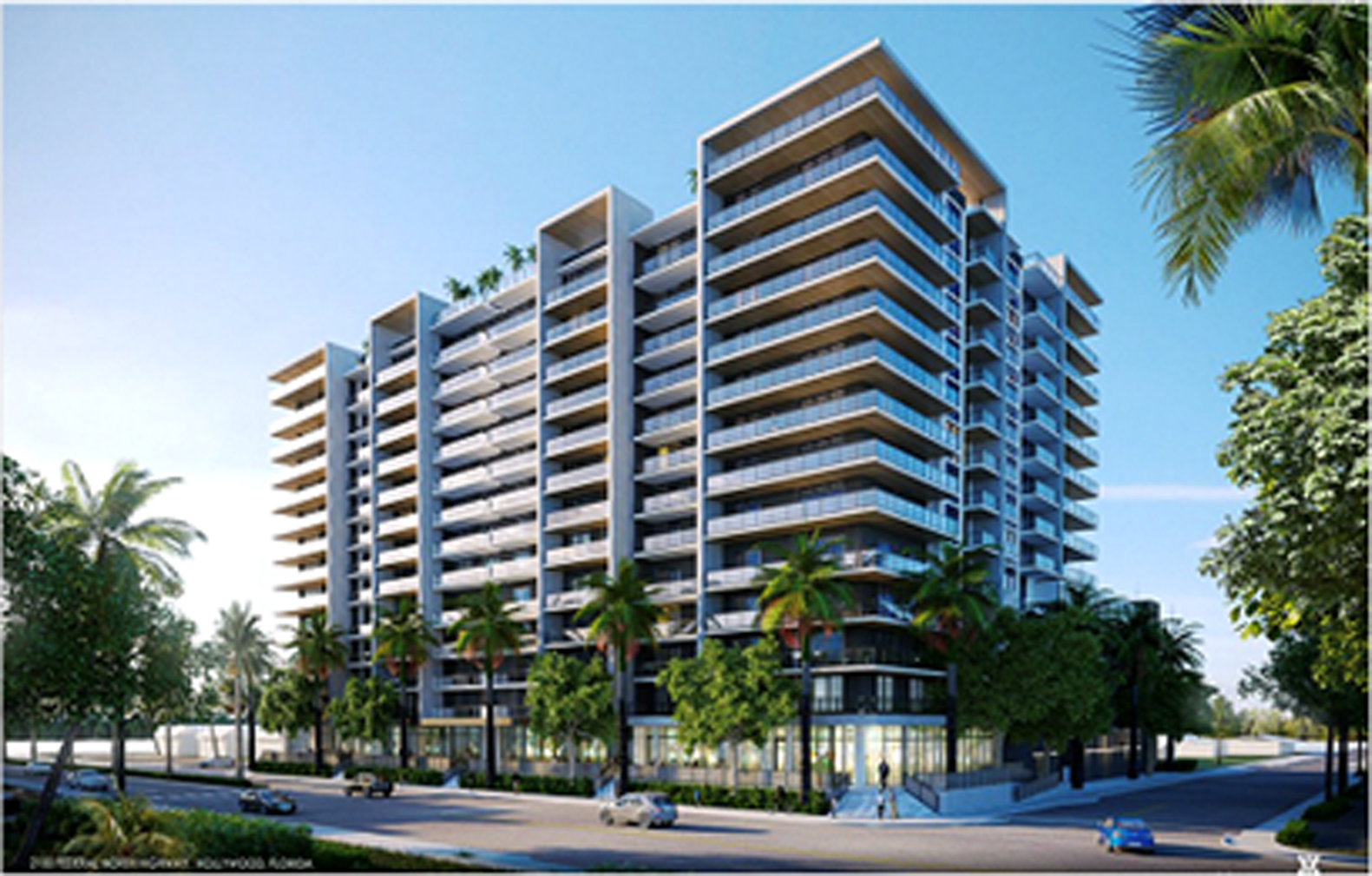 Modern high-rise apartment building with multiple balconies, surrounded by palm trees, in an urban setting under a clear blue sky.
