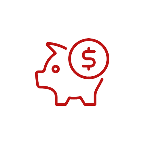 Red outline of a piggy bank with a dollar symbol inside a coin floating above it.