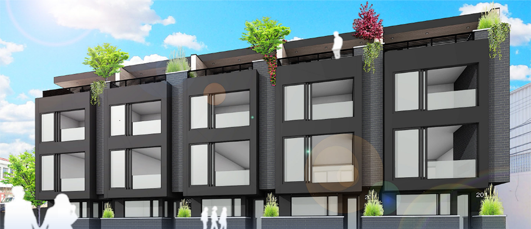 Modern apartment building with dark exterior and balconies, rooftop greenery, and blue sky background.
