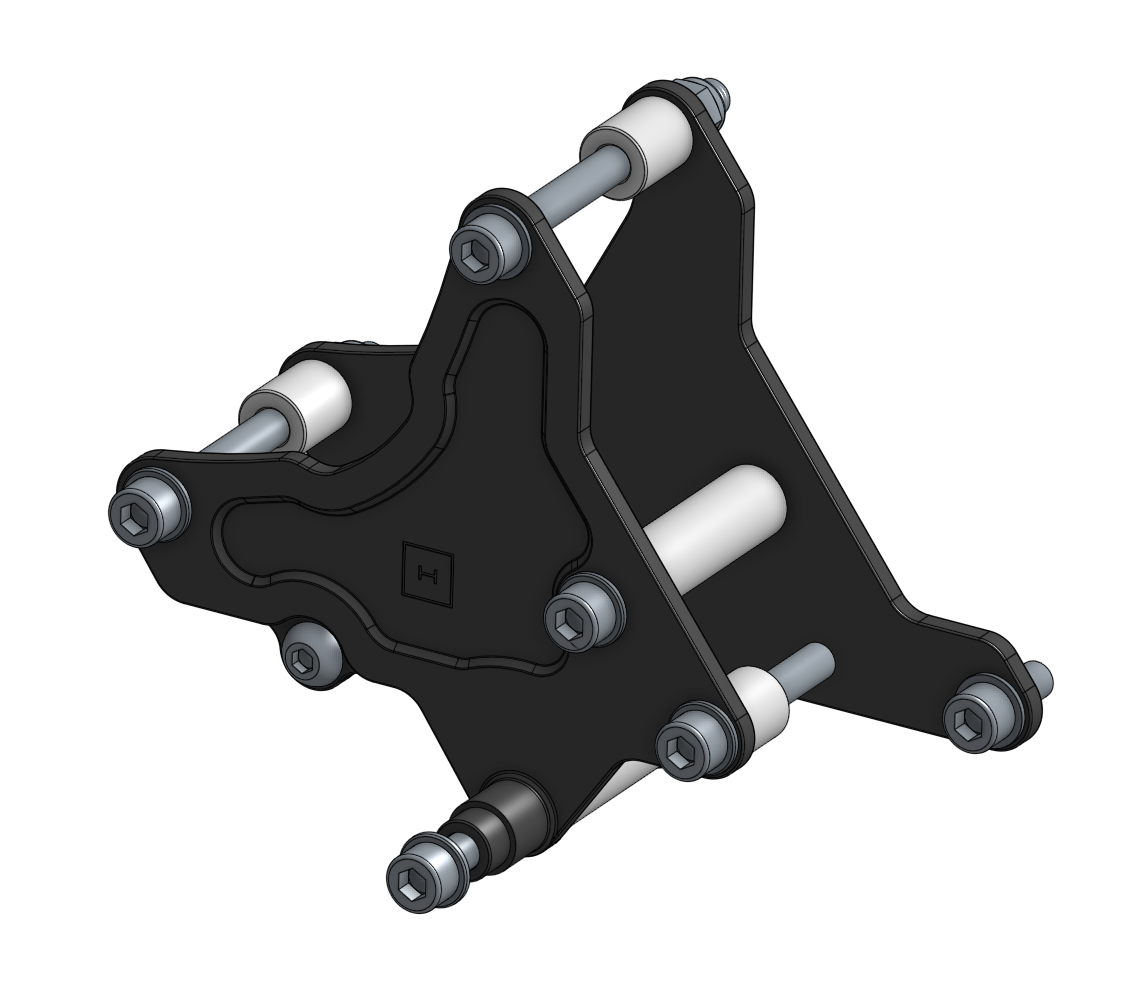 3D illustration of a mechanical mounting bracket with black plates and silver shafts, assembled with bolts.