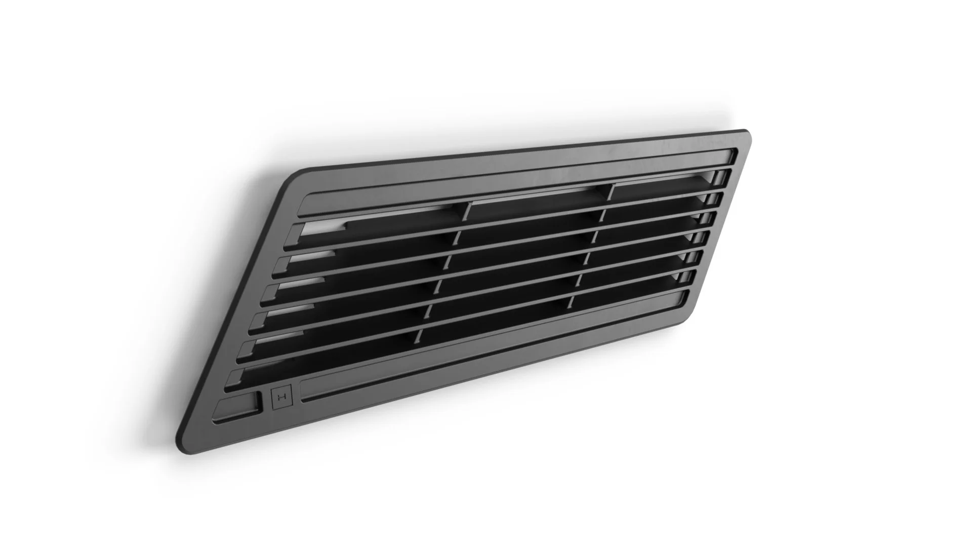 Black rectangular air vent on white wall.