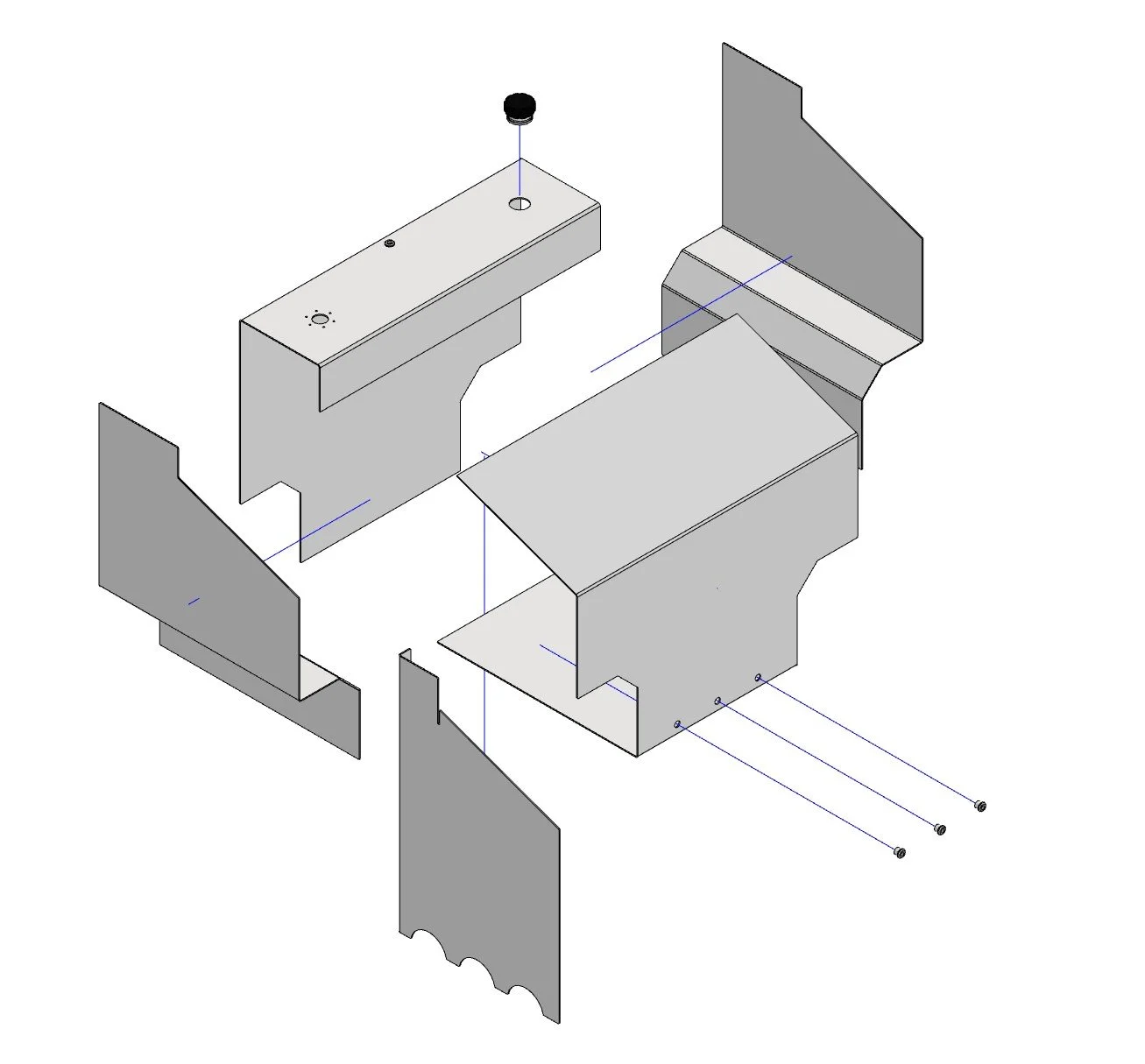 An exploded view of a metal or plastic enclosure with side panels, a top panel with a knob and light indicator, and screws for assembly.