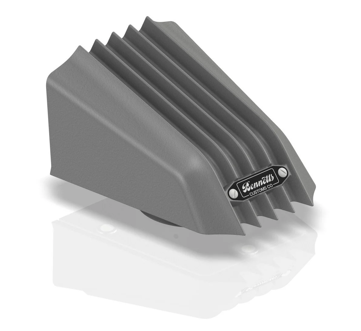 A metallic crankcase cover with fins for heat dissipation, labeled 'Ponnell Customs Co.'