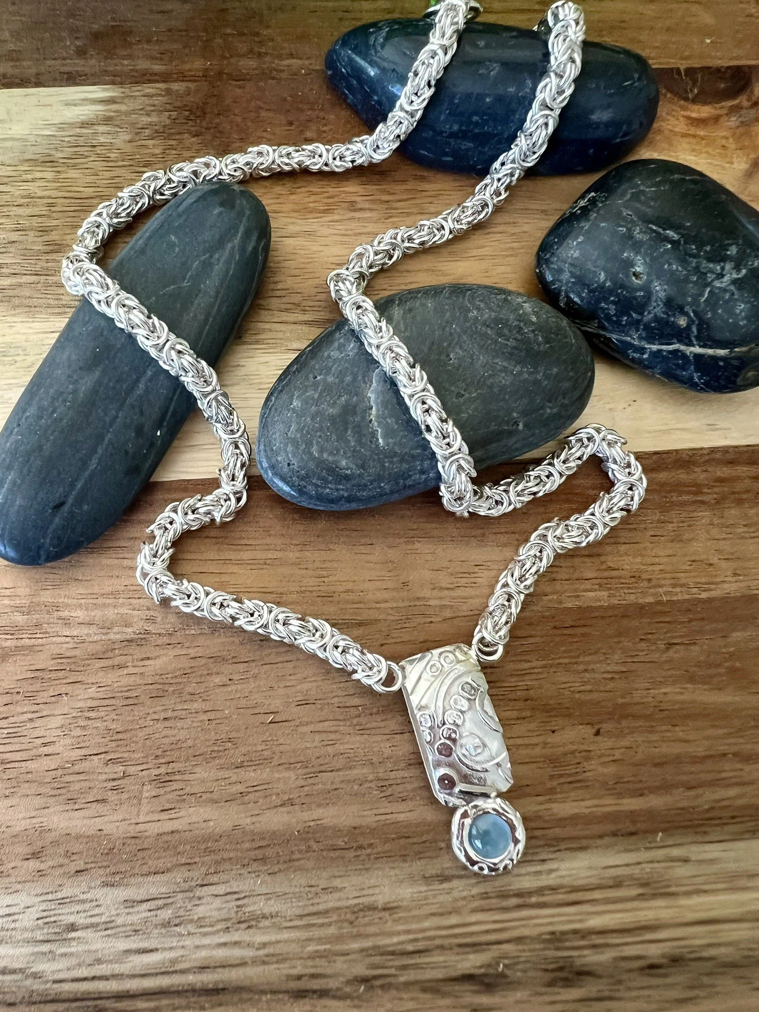 Byzantine Necklace w/Silver Pendant+Aquamarine by Cornelia Haerle