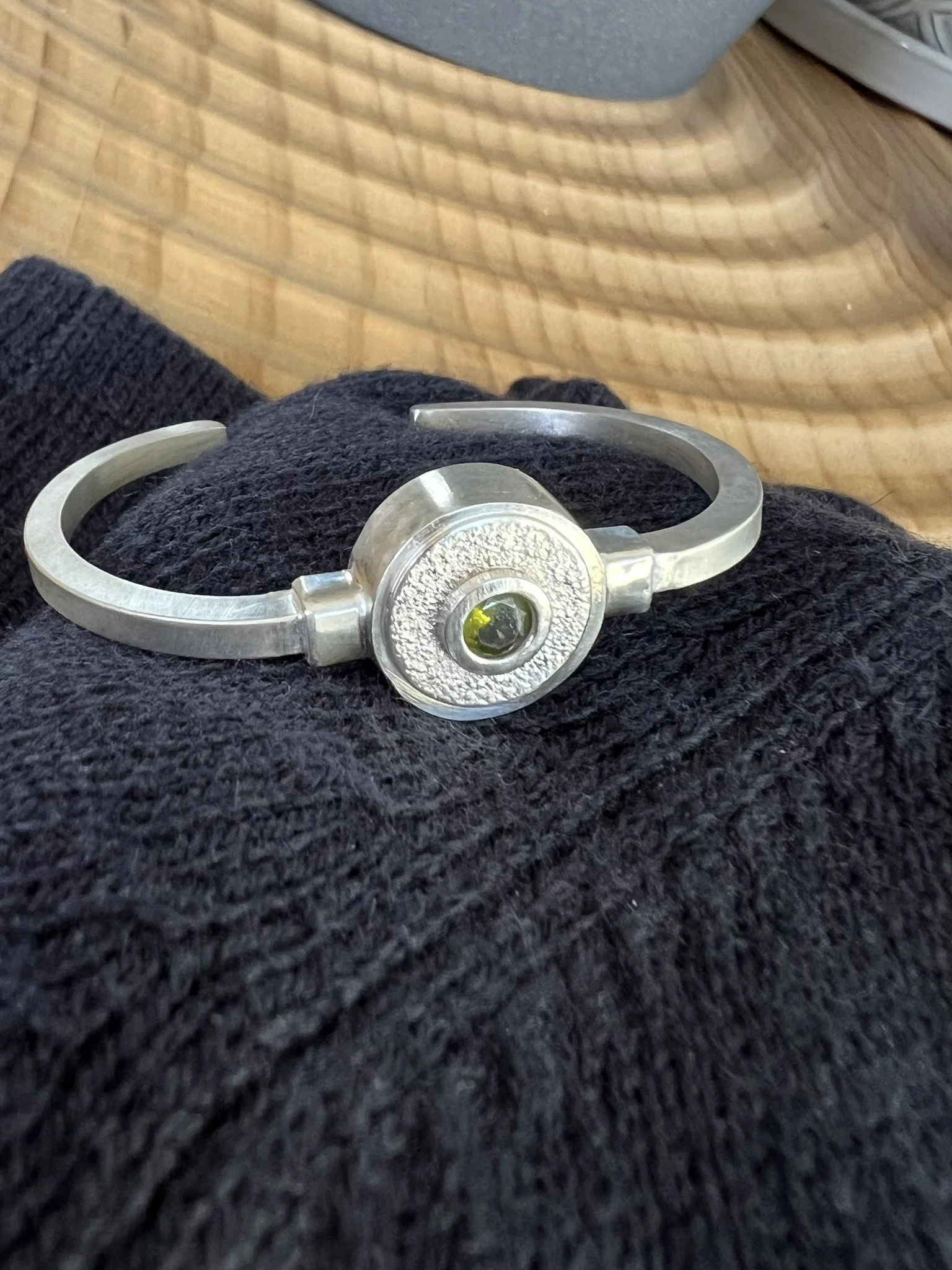 Square Wire Cuff Bracelet w/Hollow Form and Sapphire by Cornelia Haerle