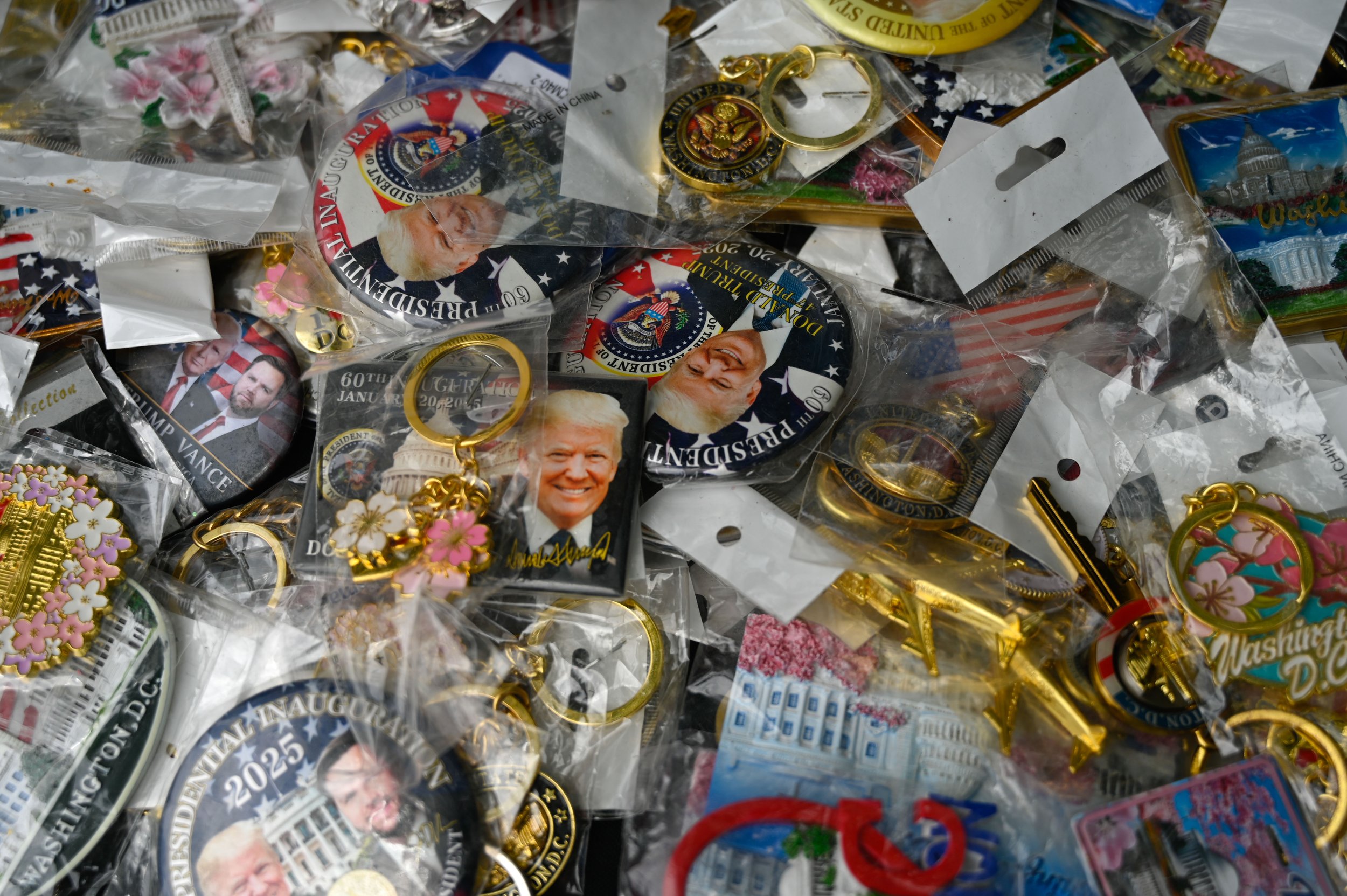 Pro-Trump memorabilia is sold outside of the Army's 250th birthday celebration in Washington, D.C., on June 14, 2025.