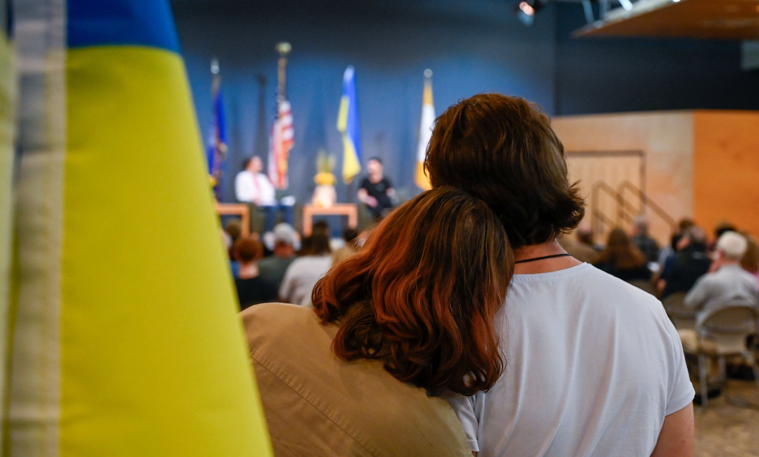Lawrence University graduate Linnea Morris leans on her boyfriend, Lawrence University senior and Ukrainian International Student, Bohdan Tartaryn, at Reeve Memorial Union in Oshkosh, Wis., on Wednesday, Sept. 24, 2025. The pair were listening to a p