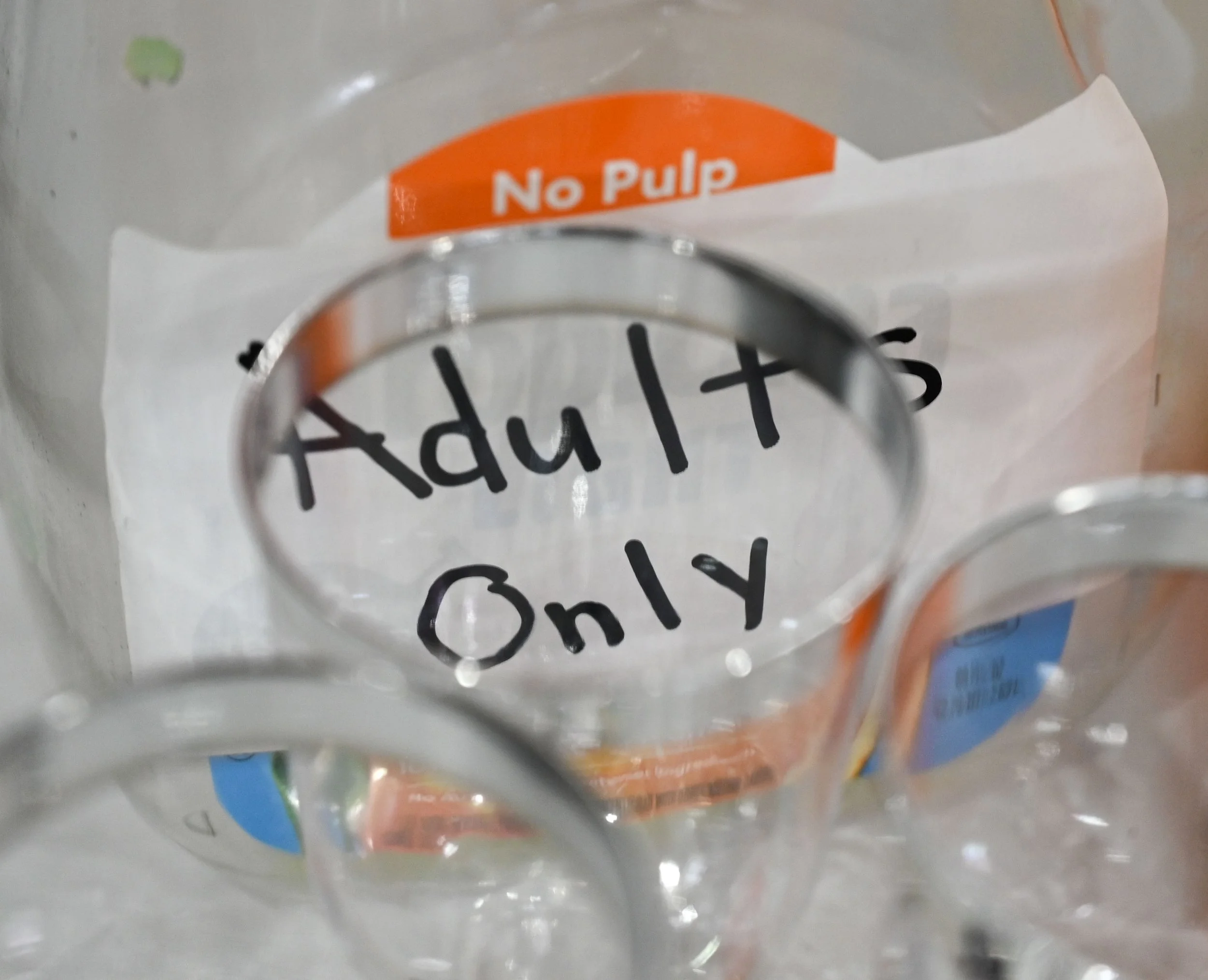 A pitcher is marked "adults only" to keep children from drinking any alcohol at the name change ceremony in La Crosse, Wis., Saturday, April 18, 2026. Drinking is a large part of Hmong events, though other options are offered. 