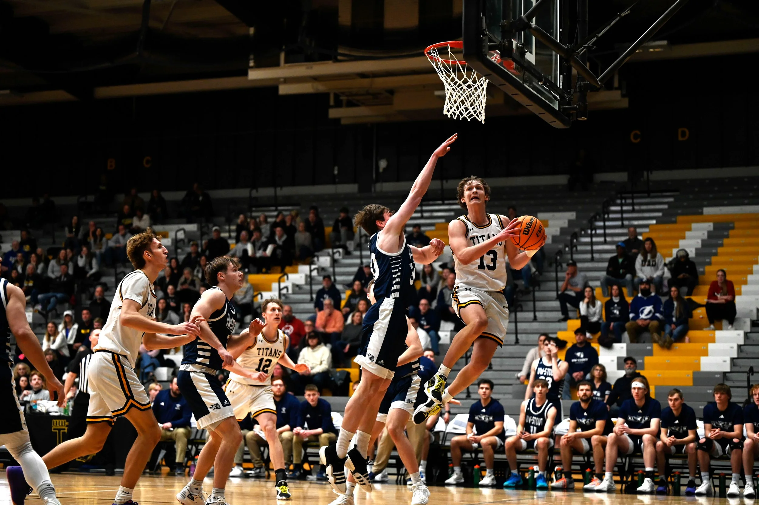 UW Oshkosh's Logan Rindfleisch, puts a layup against UW-Stout at Kolf Sports Center in Oshkosh, Wis., on Feb. 22, 2025. UWO won 75-51 against Stout, advancing them to the final spot in the Wisconsin Intercollegiate Athletic Conference tournament. 