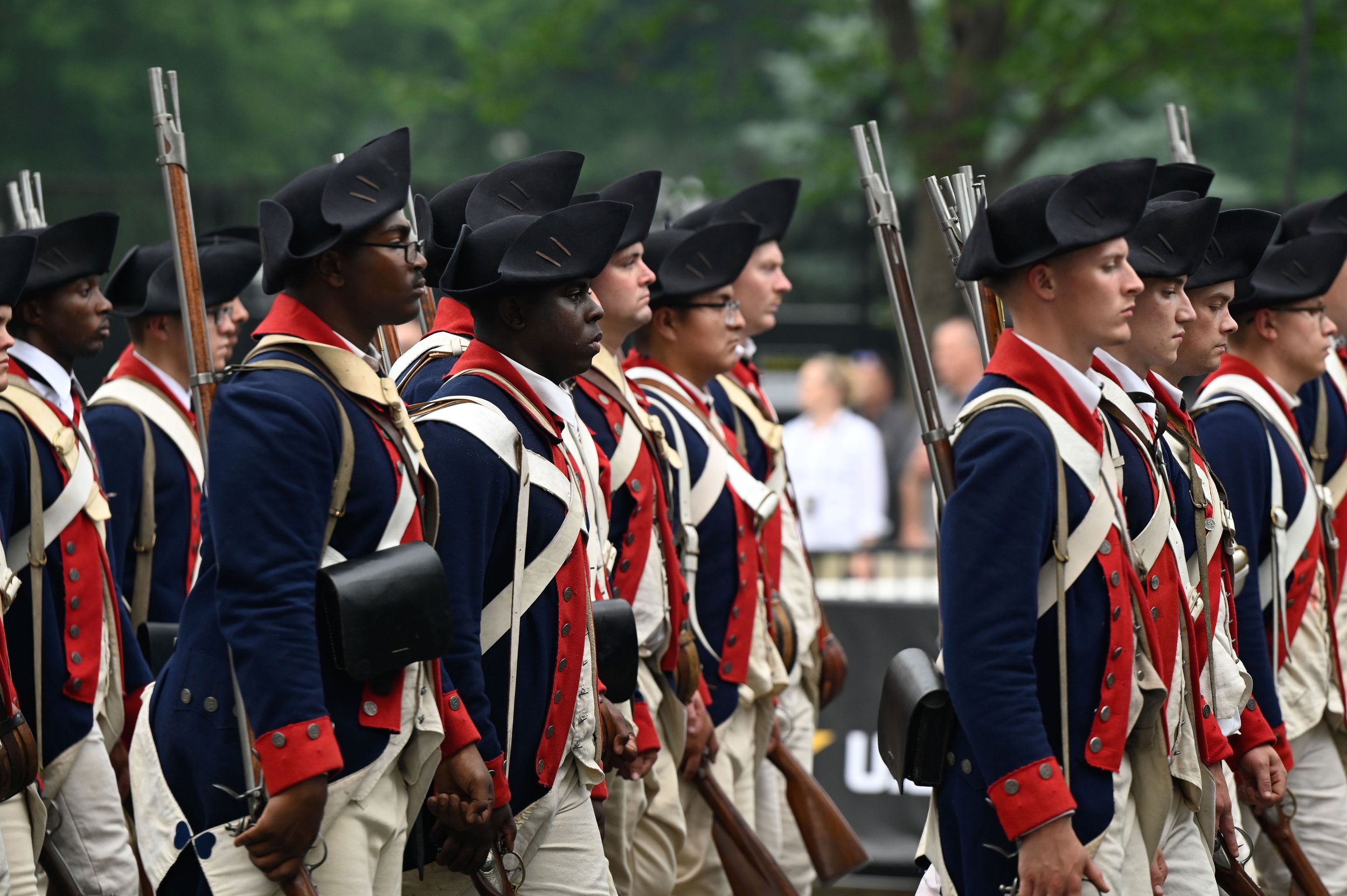 U.S. Army soldiers march in historic costumes during the Army's 250th birthday celebration in Washington, D.C. on June 14, 2025.