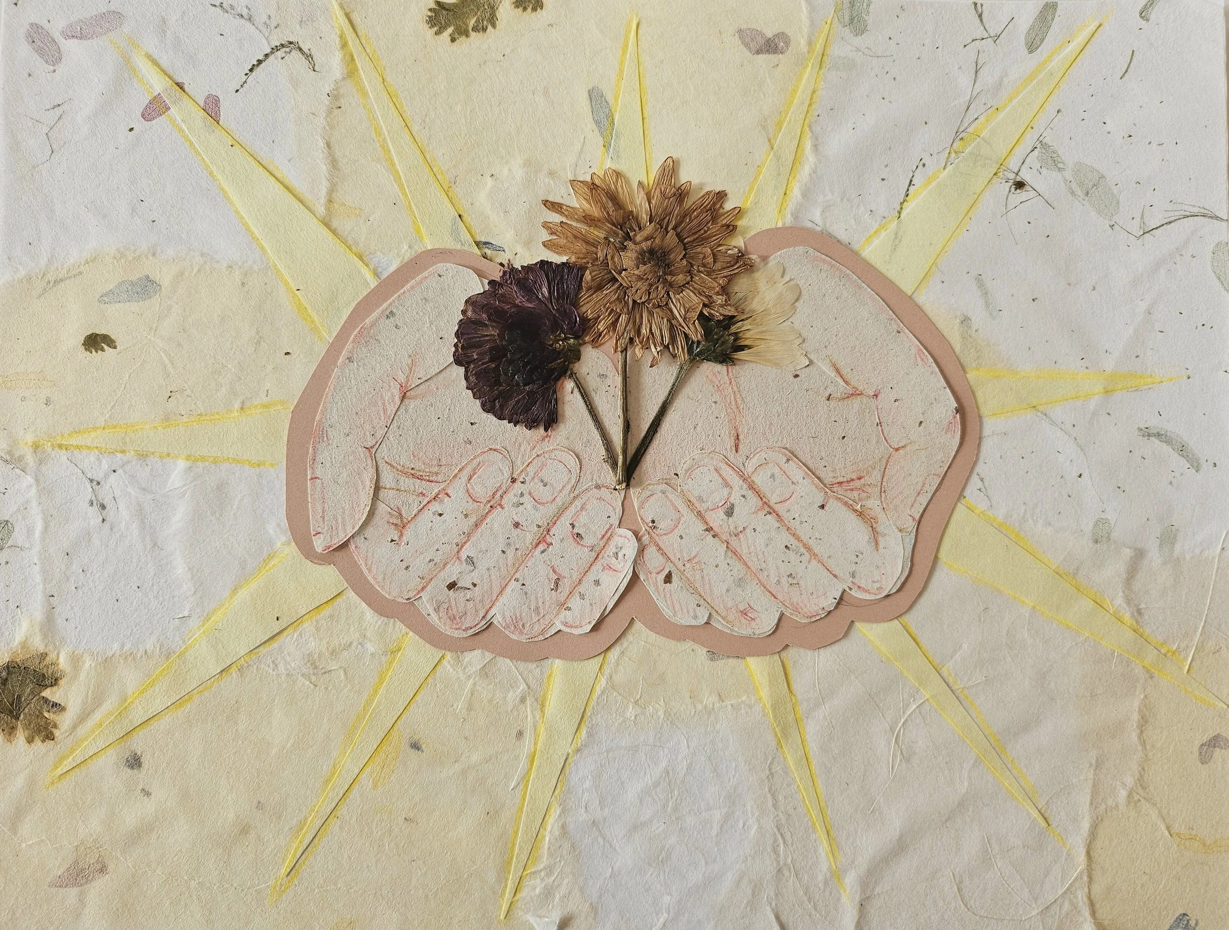 "Support"
handmade paper, dried flowers, colored pencils