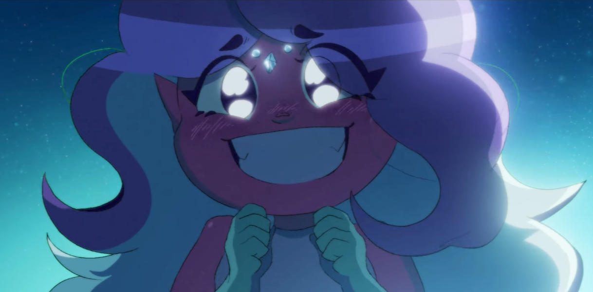A cartoon character with long, fluffy hair, large sparkling eyes filled with tears, blushing cheeks, a big smile, and clasped hands, set against a starry night sky.
