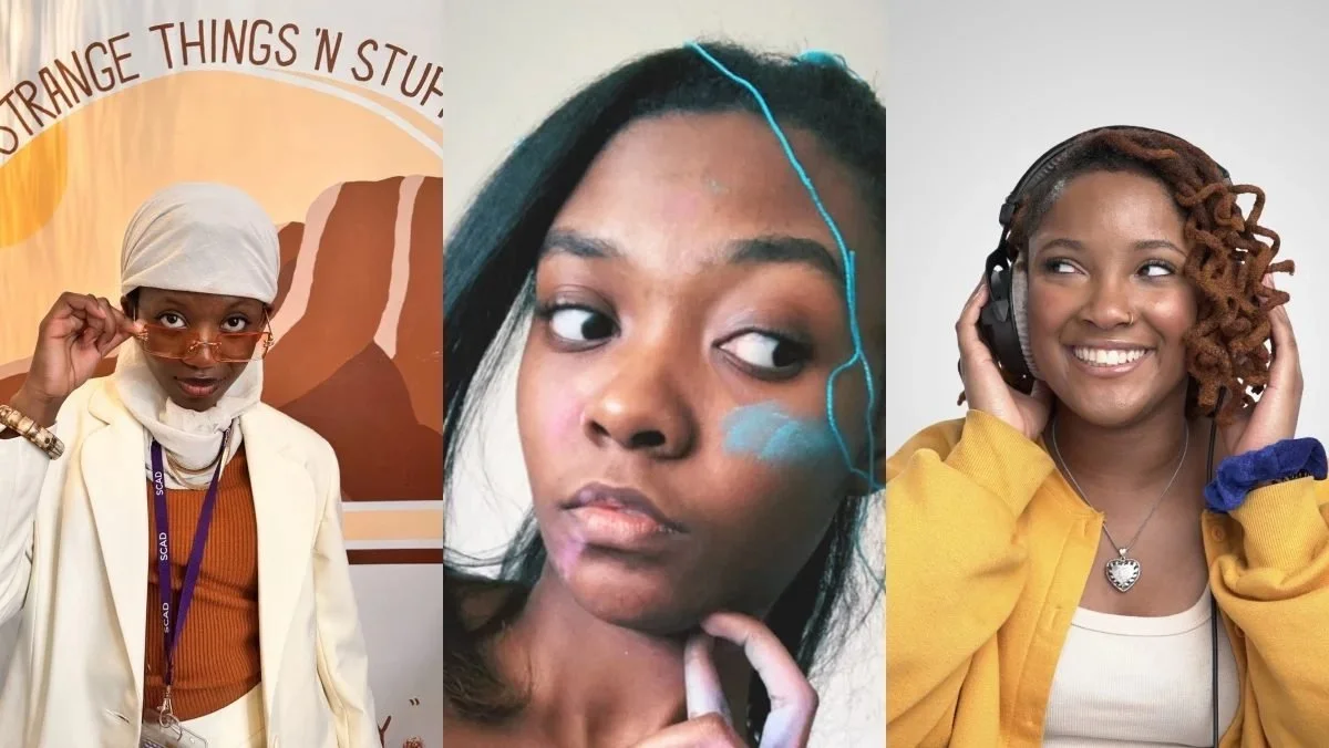 Three women of different ages and styles. The woman on the left is dressed in a white blazer and headscarf, adjusting her glasses in front of a colorful desert-themed background. The middle woman has dark hair with a highlighted streak, looking to the side with a thoughtful expression, touching her chin. The woman on the right has curly hair with colored tips, smiling while wearing headphones and a yellow jacket.