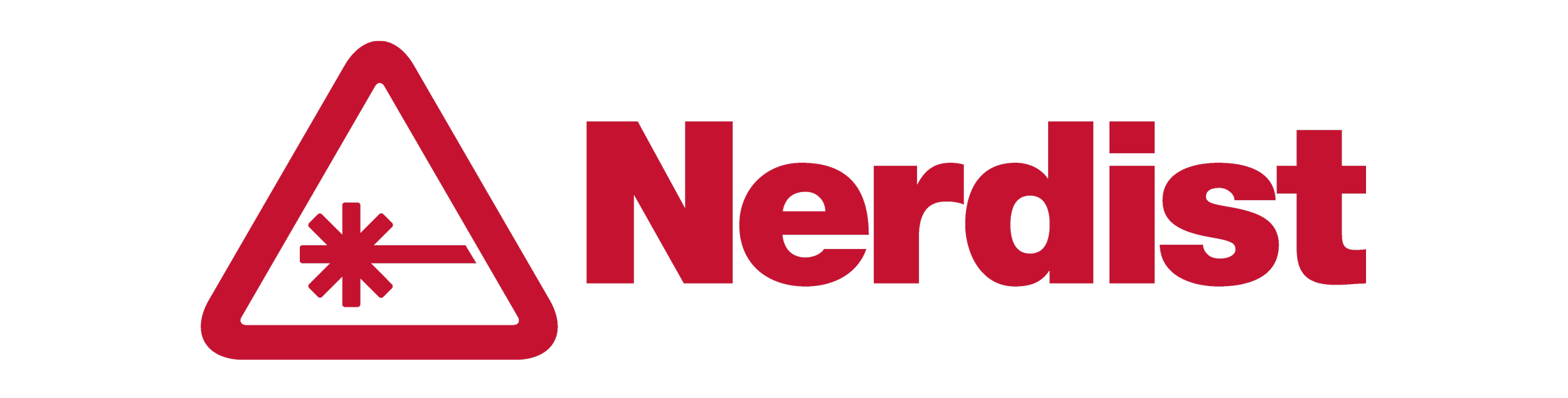 Red warning triangle with a black border and a purple starburst inside, next to the word 'Nerdist' in red text.