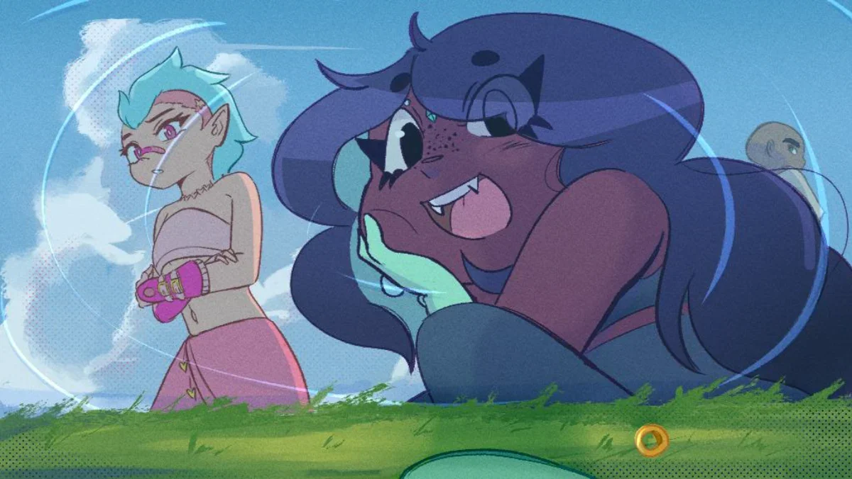 Animated scene with three characters outdoors; a turquoise-haired girl with pink accessories, a large dark creature with long hair, and a partially visible small character in the background.