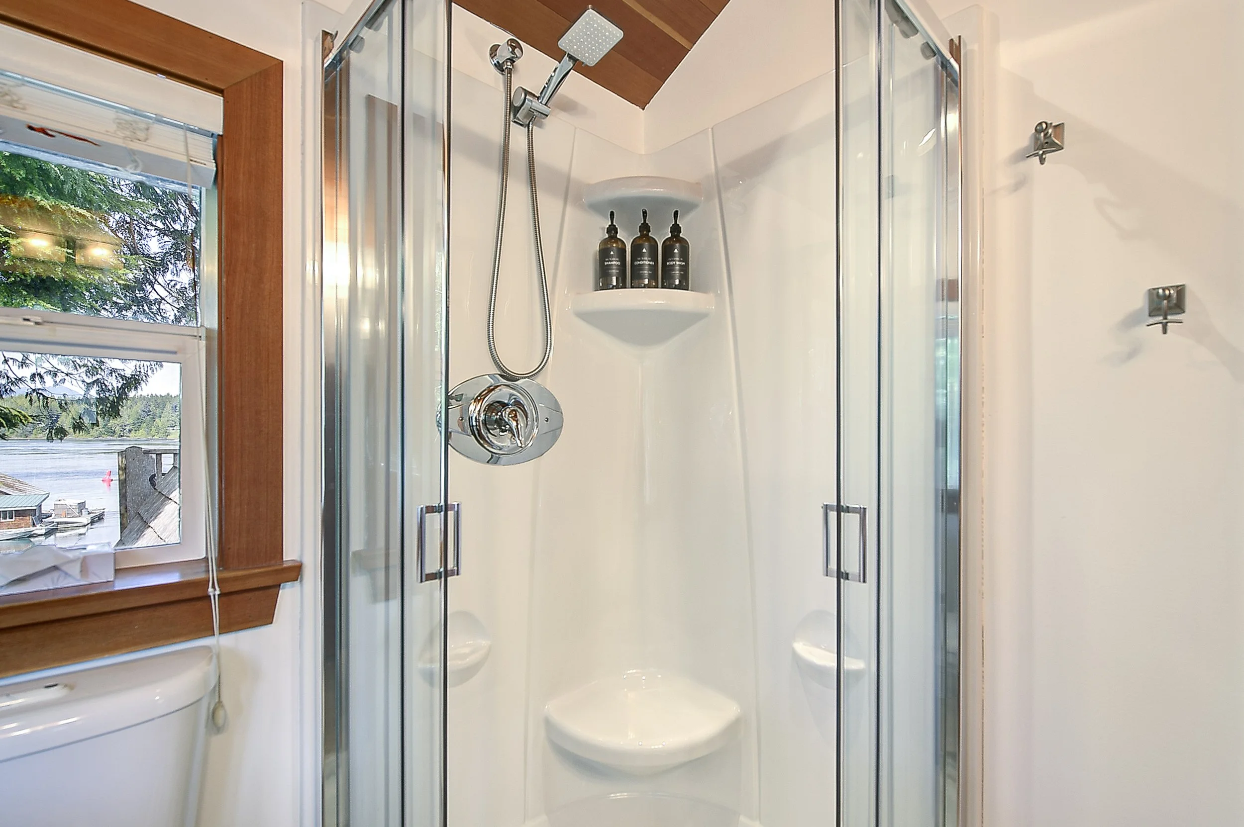 A bathroom shower with a glass door, a shower head, a shelf with three bottles of shampoo and body wash, a window with a view of trees and water outside, and a partially visible toilet to the left.